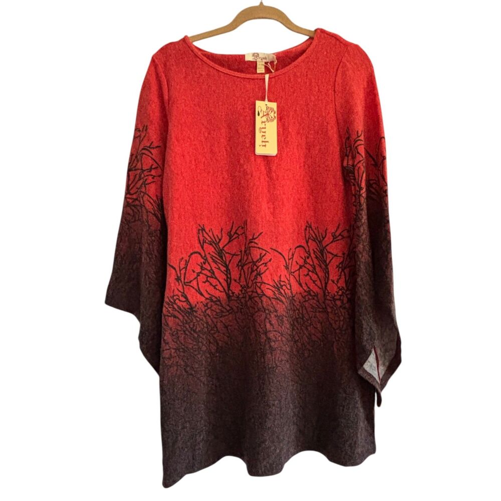 Aryeh Collection XL Red Black Ombre Artistic Long Sleeve Tunic Sweater